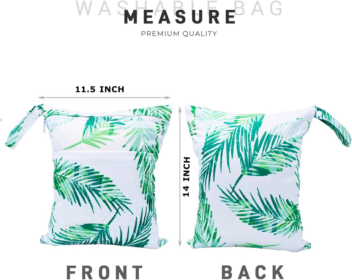 Wet Dry Bag Waterproof Reusable Wet Bag for Swimsuit, Travel, Beach, Pool, Bathing, Diapers, Dirty Yoga Gym Clothes Toiletries Daycare Organizer with Two Zippered Pockets (green leaf)