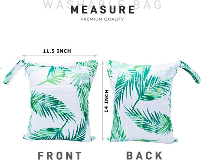 Wet Dry Bag Waterproof Reusable Wet Bag for Swimsuit, Travel, Beach, Pool, Bathing, Diapers, Dirty Yoga Gym Clothes Toiletries Daycare Organizer with Two Zippered Pockets (green leaf)