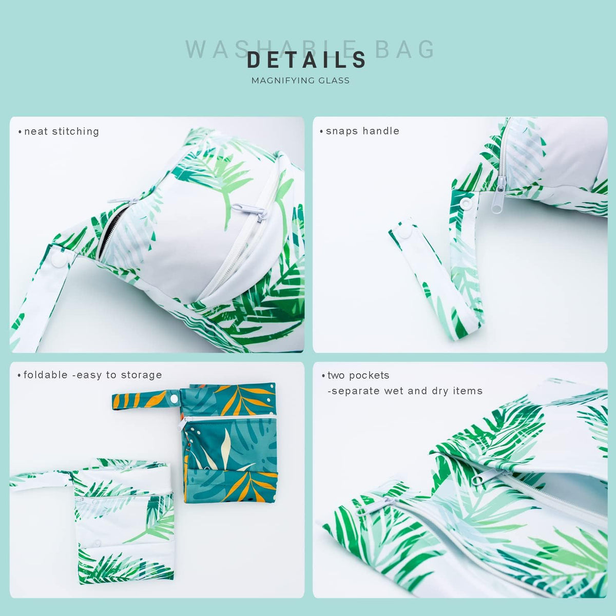 Wet Dry Bag Waterproof Reusable Wet Bag for Swimsuit, Travel, Beach, Pool, Bathing, Diapers, Dirty Yoga Gym Clothes Toiletries Daycare Organizer with Two Zippered Pockets (green leaf)
