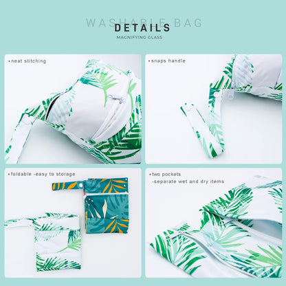 Wet Dry Bag Waterproof Reusable Wet Bag for Swimsuit, Travel, Beach, Pool, Bathing, Diapers, Dirty Yoga Gym Clothes Toiletries Daycare Organizer with Two Zippered Pockets (green leaf)