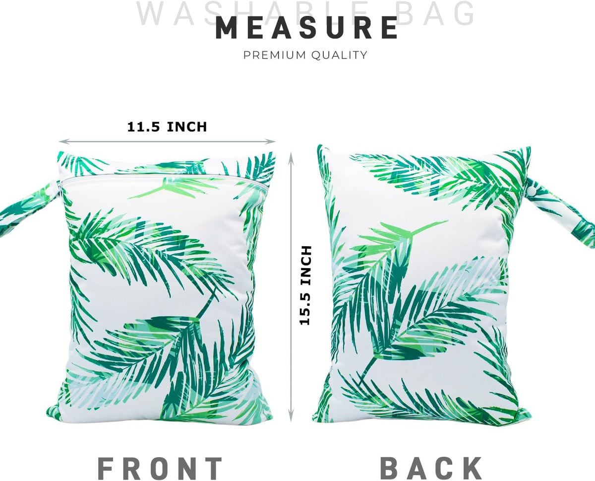 Wet Dry Bag Waterproof Reusable Wet Bag for Swimsuit, Travel, Beach, Pool, Bathing, Diapers, Dirty Yoga Gym Clothes Toiletries Daycare Organizer with Two Zippered Pockets (green leaf)