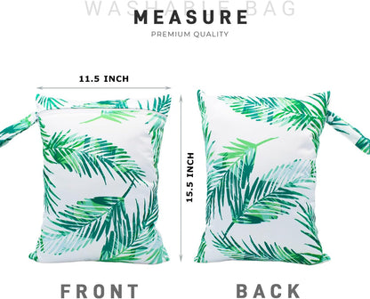 Wet Dry Bag Waterproof Reusable Wet Bag for Swimsuit, Travel, Beach, Pool, Bathing, Diapers, Dirty Yoga Gym Clothes Toiletries Daycare Organizer with Two Zippered Pockets (green leaf)