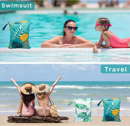 Wet Dry Bag Waterproof Reusable Wet Bag for Swimsuit, Travel, Beach, Pool, Bathing, Diapers, Dirty Yoga Gym Clothes Toiletries Daycare Organizer with Two Zippered Pockets (green leaf)