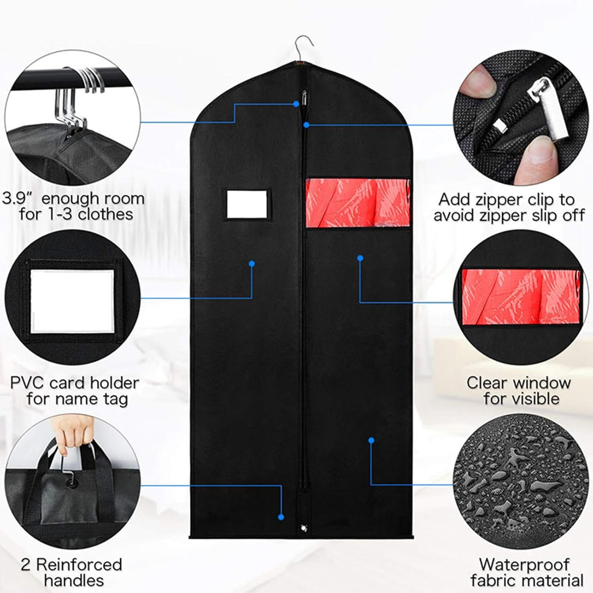 40 Inch Garment Bag Carry on Jackets Coat Shirts for Men Closet Storage Garment Bags for Travel Mens Suit Hanging Clothes Suit Bag, Garment Cover with Zipper Pockets Black L