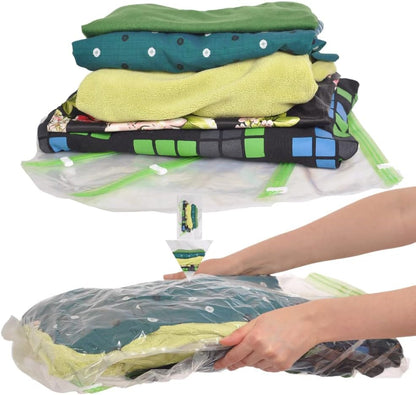 8 Travel Space Saver Bags - No Vacuum or Pump - for Clothes - Reusable - Luggage Compression - Set of 4 L and 4 M Sacks - Transparent