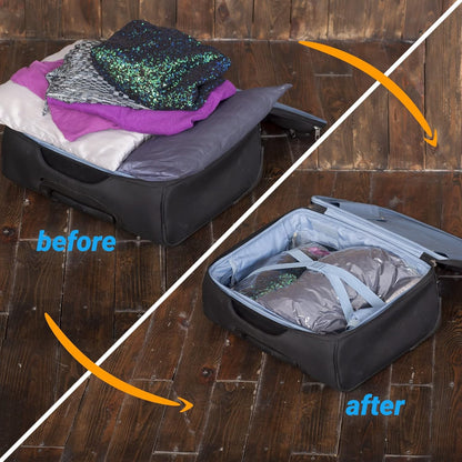 8 Travel Space Saver Bags - No Vacuum or Pump - for Clothes - Reusable - Luggage Compression - Set of 4 L and 4 M Sacks - Transparent