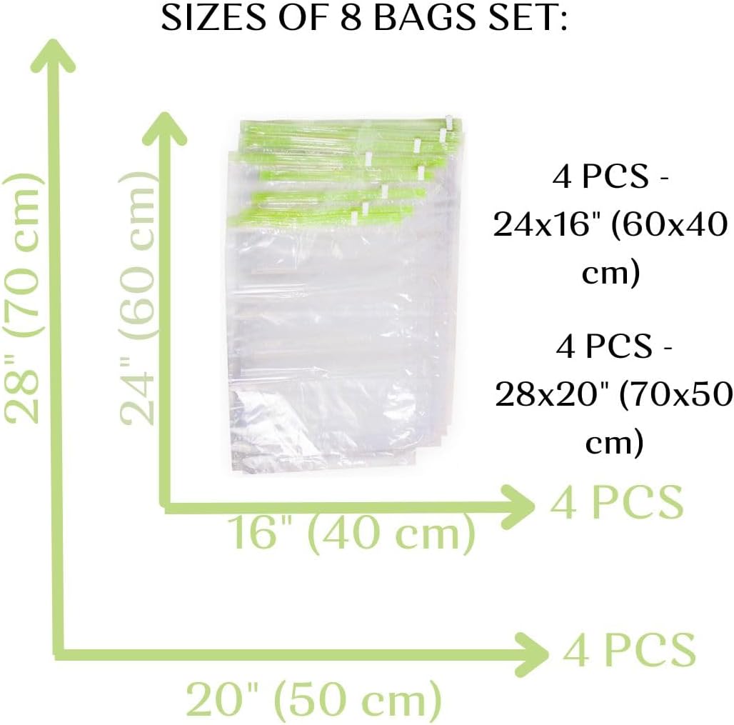 8 Travel Space Saver Bags - No Vacuum or Pump - for Clothes - Reusable - Luggage Compression - Set of 4 L and 4 M Sacks - Transparent