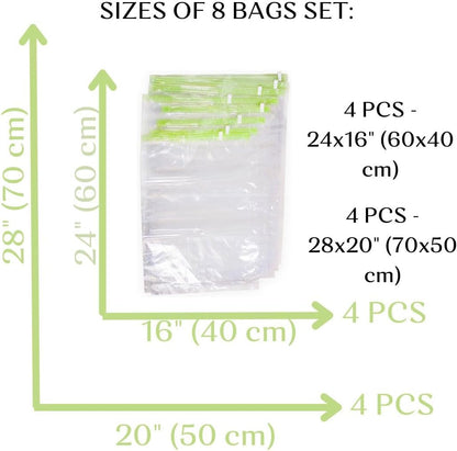 8 Travel Space Saver Bags - No Vacuum or Pump - for Clothes - Reusable - Luggage Compression - Set of 4 L and 4 M Sacks - Transparent