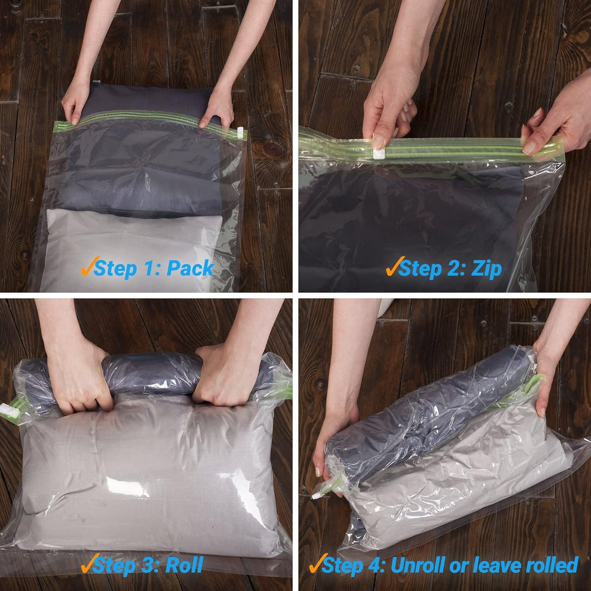 8 Travel Space Saver Bags - No Vacuum or Pump - for Clothes - Reusable - Luggage Compression - Set of 4 L and 4 M Sacks - Transparent