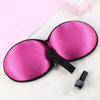Silicone Invisible Bra Storage Case Small Zippered Travel Bag for Women Lingerie Organizer Pouch Underwear Storage Box and Toiletry Accessory Holder with Hand Strap Printed Fabric