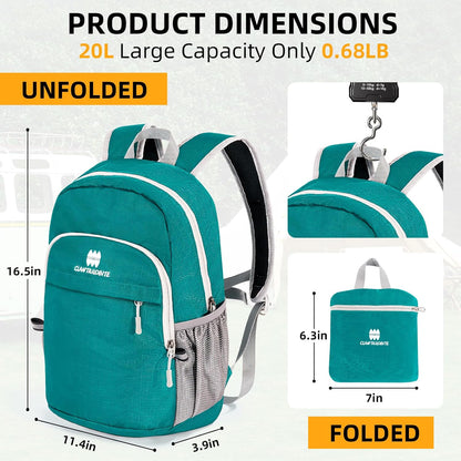 Lightweight Packable Small Hiking Backpack for Women Men - 20L Waterproof Foldable Daypack for Travel, Hiking, and Daily Use, Adjustable Chest Strap, Durable Nylon, Green