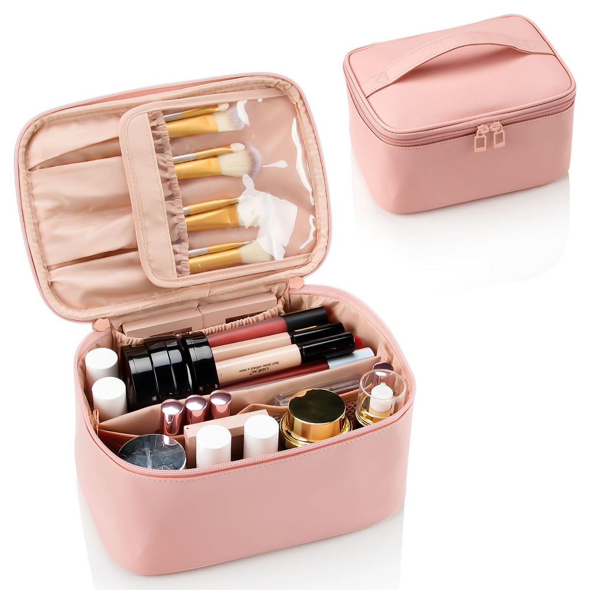 Pink Makeup Bag,Travel Makeup Organizer Bag, Large Capacity Cosmetic Bags For Women Large Travel Toiletry Bag Girls Traveling With Brush Slot And Divider