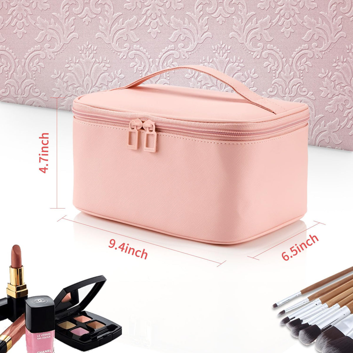 Pink Makeup Bag,Travel Makeup Organizer Bag, Large Capacity Cosmetic Bags For Women Large Travel Toiletry Bag Girls Traveling With Brush Slot And Divider