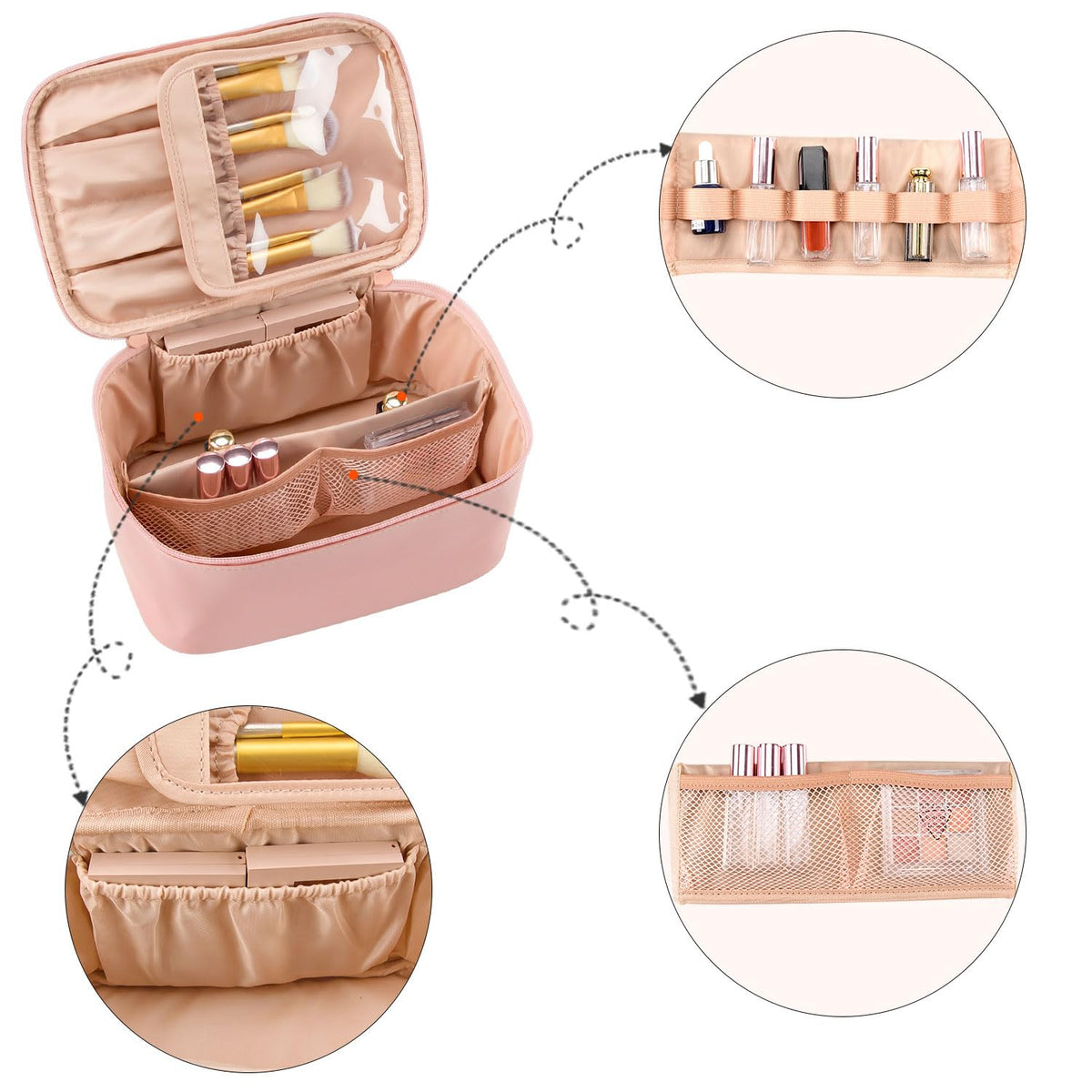 Pink Makeup Bag,Travel Makeup Organizer Bag, Large Capacity Cosmetic Bags For Women Large Travel Toiletry Bag Girls Traveling With Brush Slot And Divider