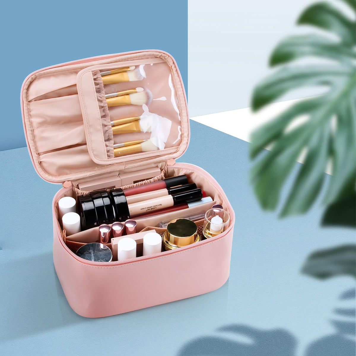 Pink Makeup Bag,Travel Makeup Organizer Bag, Large Capacity Cosmetic Bags For Women Large Travel Toiletry Bag Girls Traveling With Brush Slot And Divider