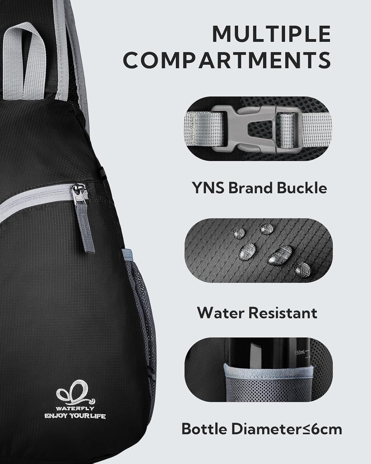 Crossbody Sling Bag, Small Shoulder Chest Backpack | Lightweight, Water Resistant, Travel Daypack for Hiking Walking and Daily Use, Fits Men and Women, Everyday Carry