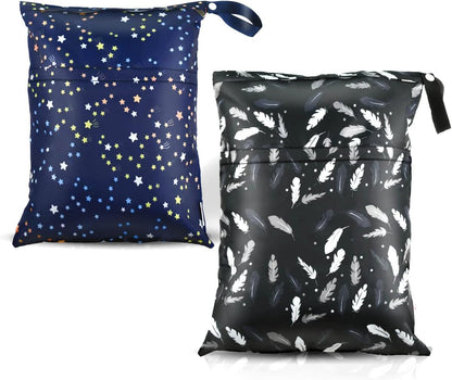 2Pcs Waterproof Reusable Wet & Dry Bag for Baby Cloth Diaper Gym Clothes Travel Bags Washable Beach Pool Swimsuits Pockets with Two Zippered Dirty Diapers Stroller Yoga Toiletries Daycare Organizer