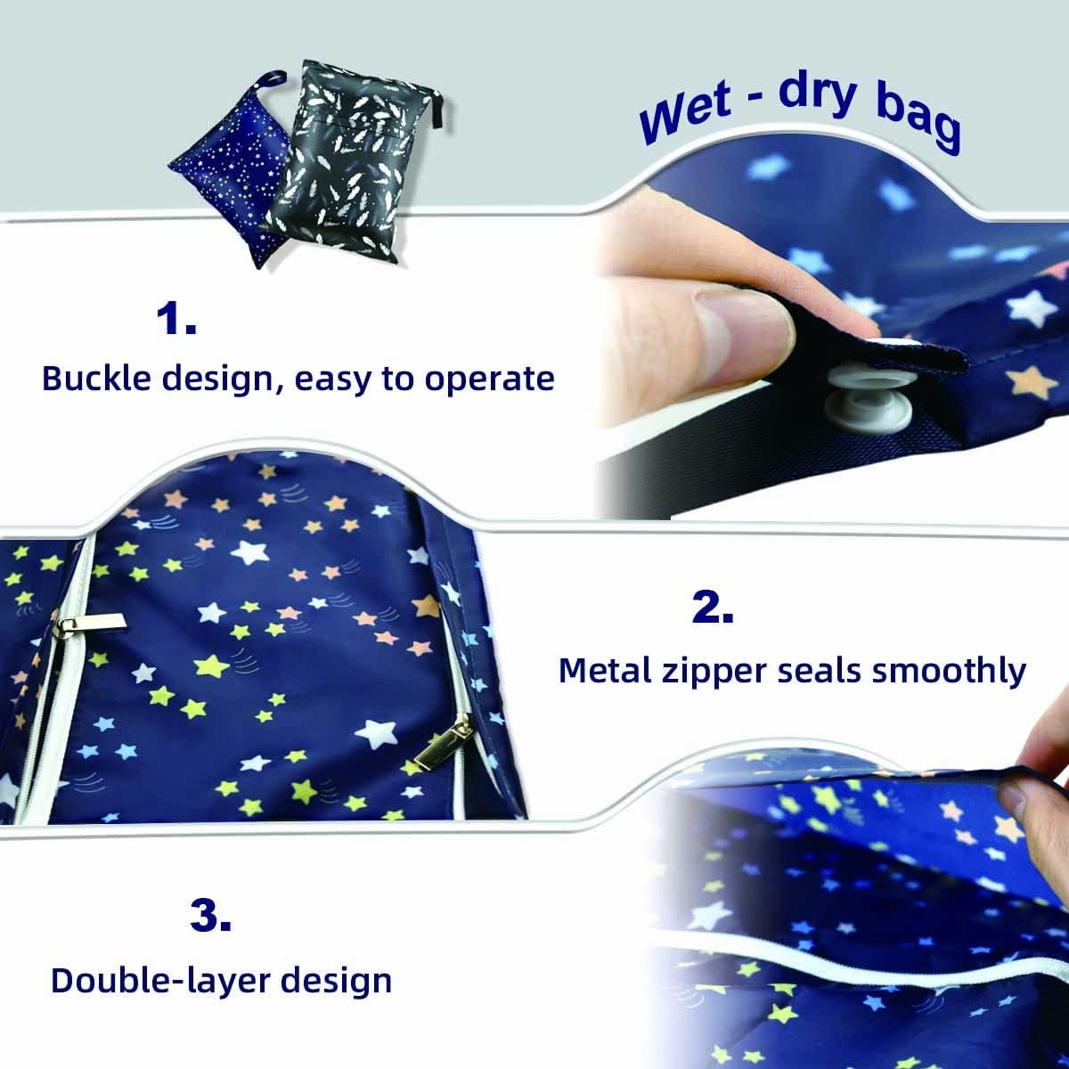 2Pcs Waterproof Reusable Wet & Dry Bag for Baby Cloth Diaper Gym Clothes Travel Bags Washable Beach Pool Swimsuits Pockets with Two Zippered Dirty Diapers Stroller Yoga Toiletries Daycare Organizer