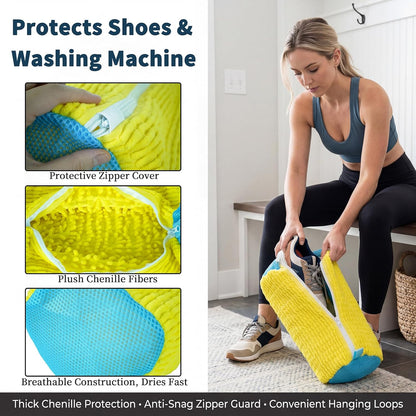 Shoe Washing Machine Bag Built-in Bristles | 2 Pack with Shoe Crease Protectors, for Women & Men, Yellow, Reusable Sneaker Laundry Bag for Washer and Dryer