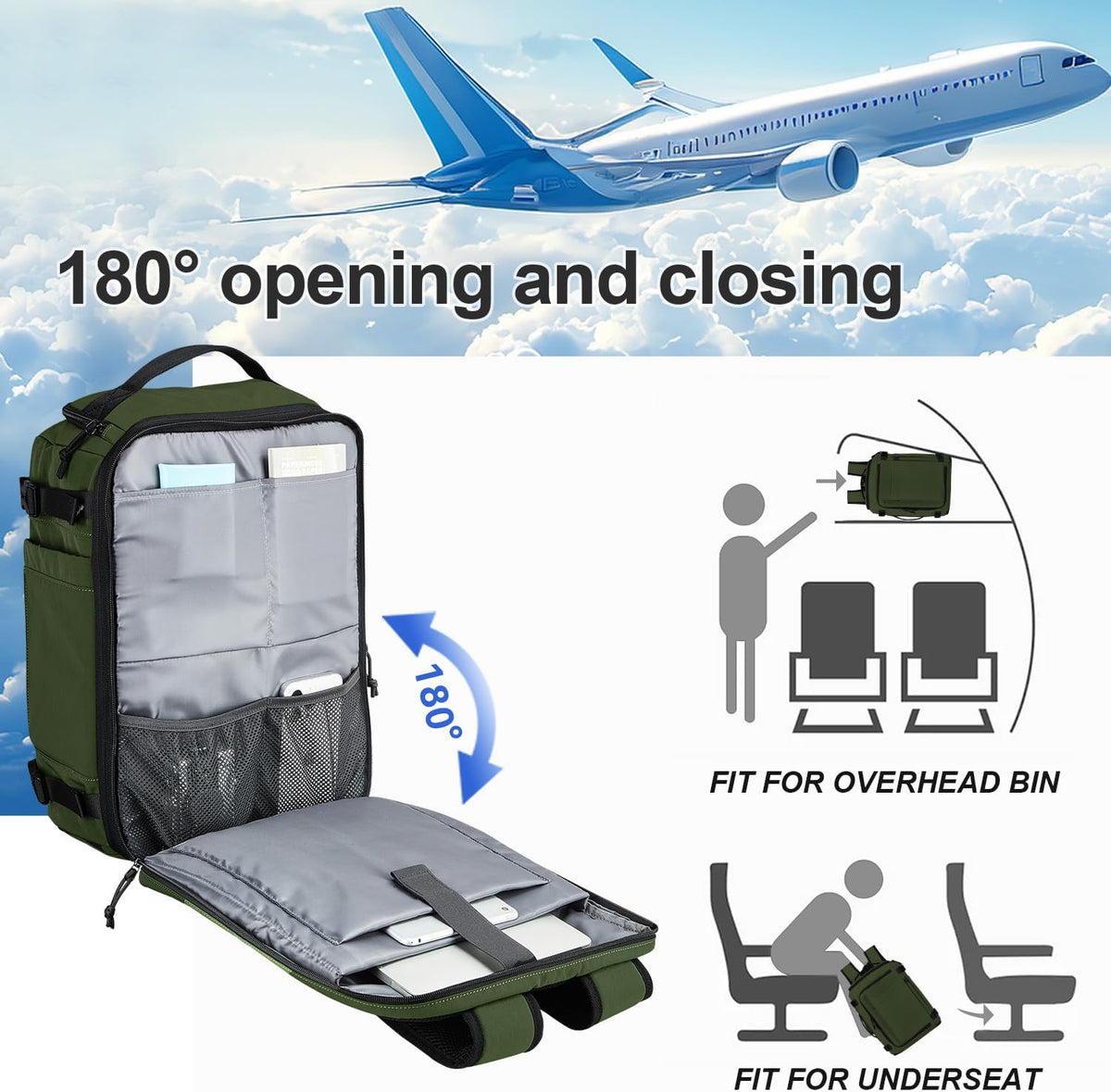 Carry On Travel Backpack Flight Approved Laptop Backpack Business Work Backpack for Women Men Large Capacity Casual Daypack with Wet/Dry Separation Pockets, Dark Green