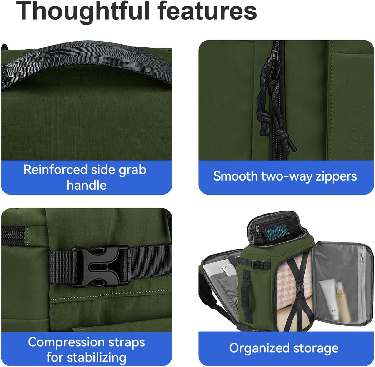 Carry On Travel Backpack Flight Approved Laptop Backpack Business Work Backpack for Women Men Large Capacity Casual Daypack with Wet/Dry Separation Pockets, Dark Green