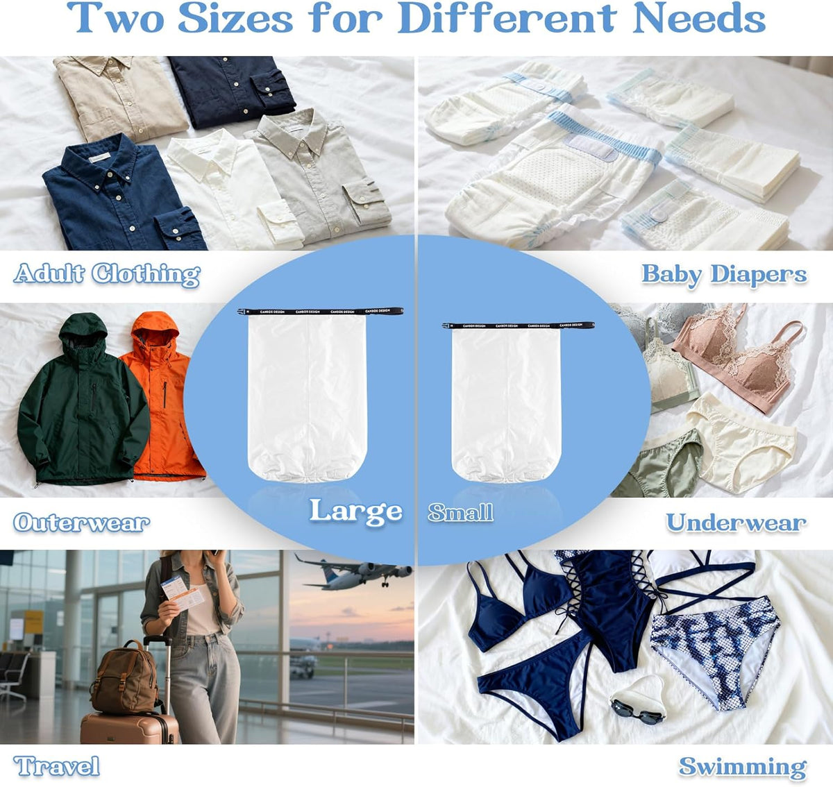 2-Pack Waterproof Travel Laundry Bags, Wet Dry Organizer to Block Odors & Prevent Suitcase Leaks, Roll-Up Dirty Clothes Pouch for Gym, Swim, Camping & Family Vacations