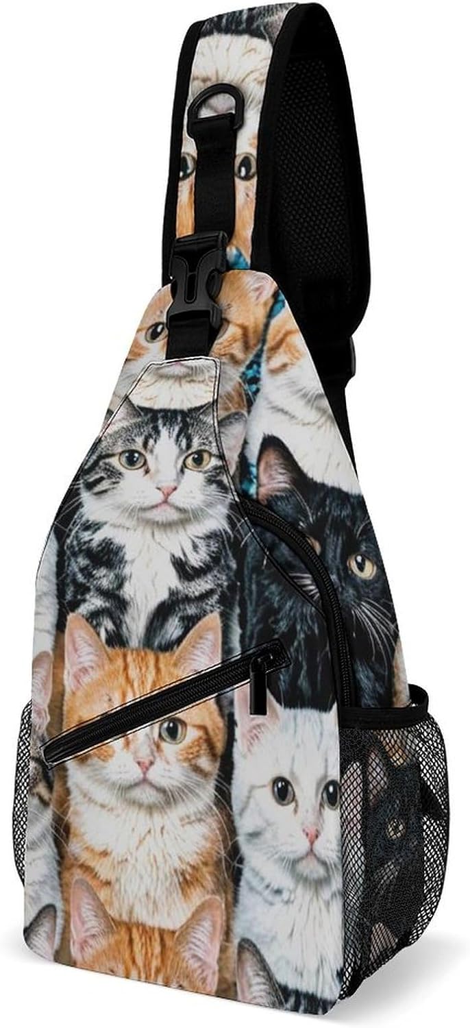 Men Women Sling Backpack Outdoor Sport Daypack Travel Bag, Multipurpose Anti-Theft Carry On Bag, Breathable Chest Sling Shoulder Backpacks Bags, Cats Animal