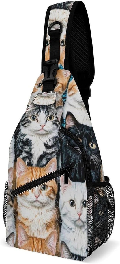 Men Women Sling Backpack Outdoor Sport Daypack Travel Bag, Multipurpose Anti-Theft Carry On Bag, Breathable Chest Sling Shoulder Backpacks Bags, Cats Animal