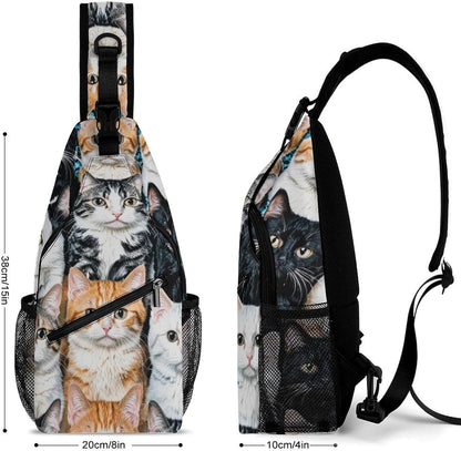 Men Women Sling Backpack Outdoor Sport Daypack Travel Bag, Multipurpose Anti-Theft Carry On Bag, Breathable Chest Sling Shoulder Backpacks Bags, Cats Animal