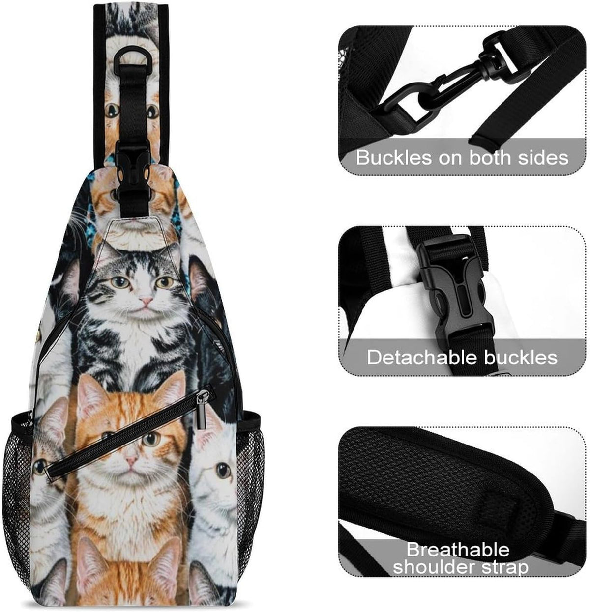 Men Women Sling Backpack Outdoor Sport Daypack Travel Bag, Multipurpose Anti-Theft Carry On Bag, Breathable Chest Sling Shoulder Backpacks Bags, Cats Animal