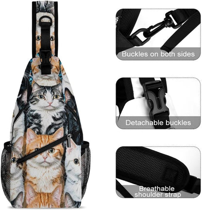 Men Women Sling Backpack Outdoor Sport Daypack Travel Bag, Multipurpose Anti-Theft Carry On Bag, Breathable Chest Sling Shoulder Backpacks Bags, Cats Animal