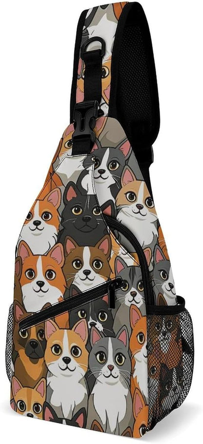 Men Women Sling Backpack Outdoor Sport Daypack Travel Bag, Multipurpose Anti-Theft Carry On Bag, Breathable Chest Sling Shoulder Backpacks Bags, Cats Animal