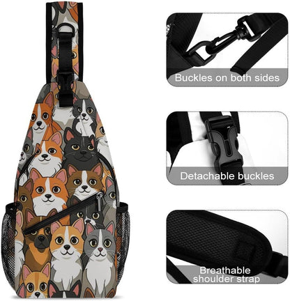 Men Women Sling Backpack Outdoor Sport Daypack Travel Bag, Multipurpose Anti-Theft Carry On Bag, Breathable Chest Sling Shoulder Backpacks Bags, Cats Animal