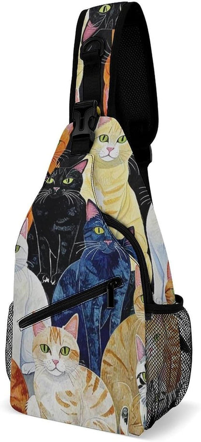Men Women Sling Backpack Outdoor Sport Daypack Travel Bag, Multipurpose Anti-Theft Carry On Bag, Breathable Chest Sling Shoulder Backpacks Bags, Cats Animal