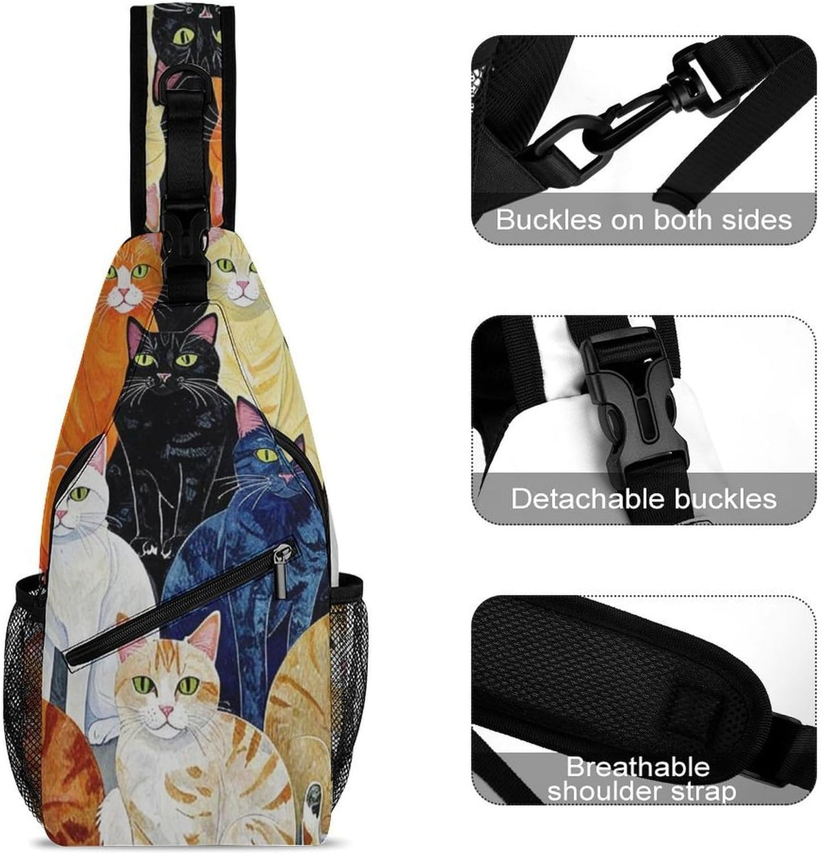 Men Women Sling Backpack Outdoor Sport Daypack Travel Bag, Multipurpose Anti-Theft Carry On Bag, Breathable Chest Sling Shoulder Backpacks Bags, Cats Animal