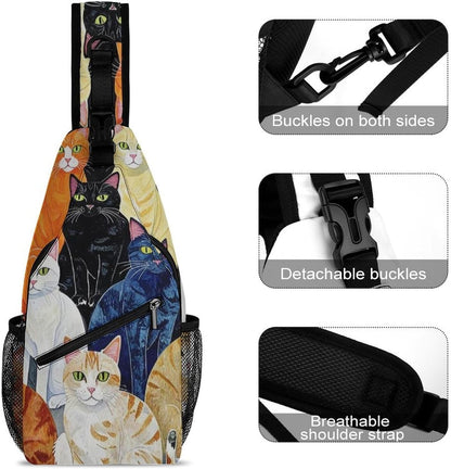 Men Women Sling Backpack Outdoor Sport Daypack Travel Bag, Multipurpose Anti-Theft Carry On Bag, Breathable Chest Sling Shoulder Backpacks Bags, Cats Animal
