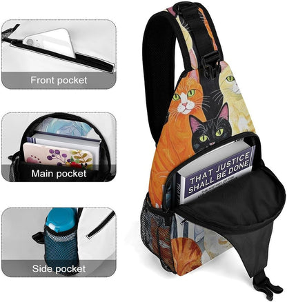 Men Women Sling Backpack Outdoor Sport Daypack Travel Bag, Multipurpose Anti-Theft Carry On Bag, Breathable Chest Sling Shoulder Backpacks Bags, Cats Animal