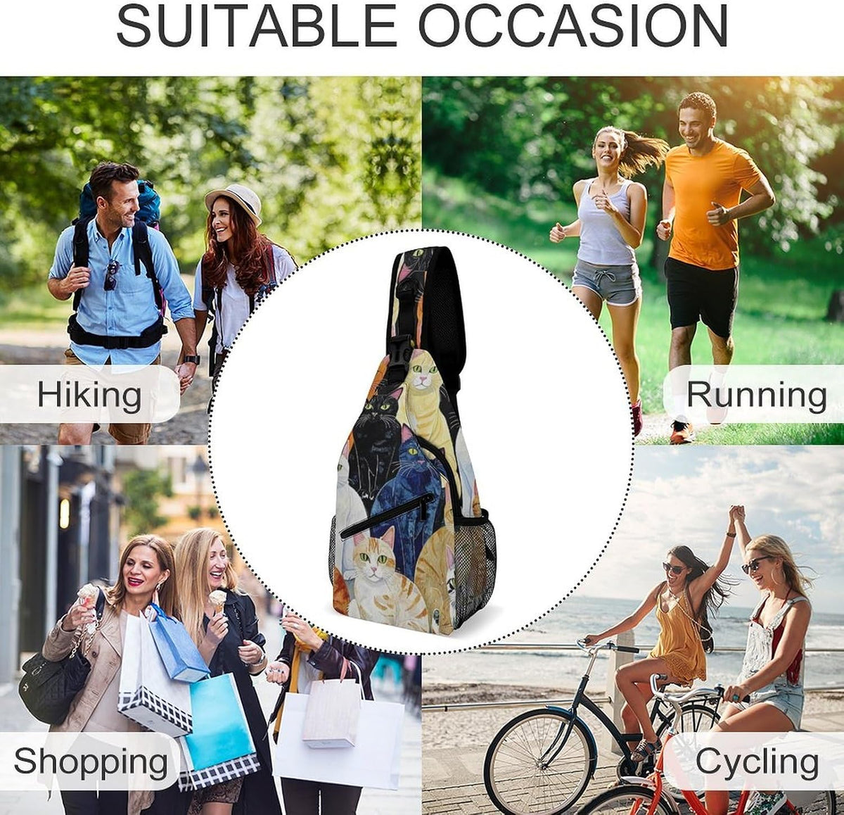 Men Women Sling Backpack Outdoor Sport Daypack Travel Bag, Multipurpose Anti-Theft Carry On Bag, Breathable Chest Sling Shoulder Backpacks Bags, Cats Animal