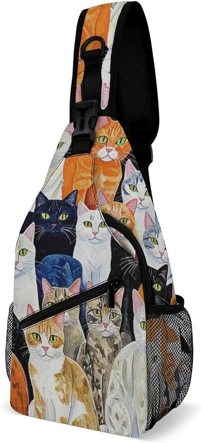 Men Women Sling Backpack Outdoor Sport Daypack Travel Bag, Multipurpose Anti-Theft Carry On Bag, Breathable Chest Sling Shoulder Backpacks Bags, Cats Animal
