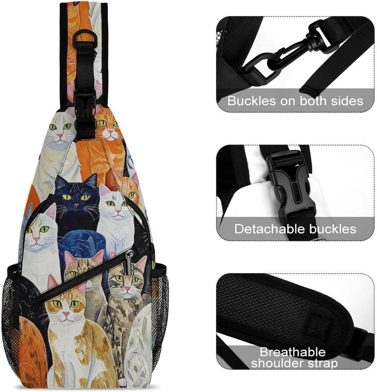 Men Women Sling Backpack Outdoor Sport Daypack Travel Bag, Multipurpose Anti-Theft Carry On Bag, Breathable Chest Sling Shoulder Backpacks Bags, Cats Animal