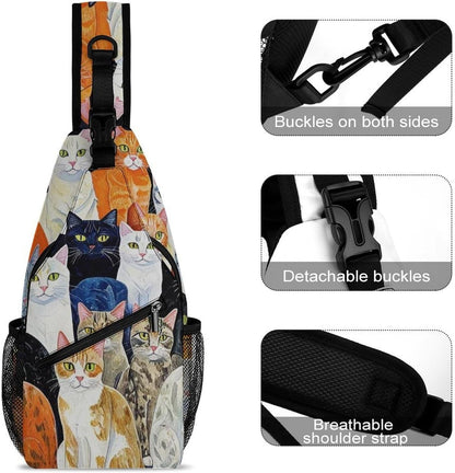Men Women Sling Backpack Outdoor Sport Daypack Travel Bag, Multipurpose Anti-Theft Carry On Bag, Breathable Chest Sling Shoulder Backpacks Bags, Cats Animal