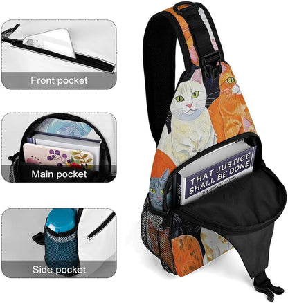 Men Women Sling Backpack Outdoor Sport Daypack Travel Bag, Multipurpose Anti-Theft Carry On Bag, Breathable Chest Sling Shoulder Backpacks Bags, Cats Animal