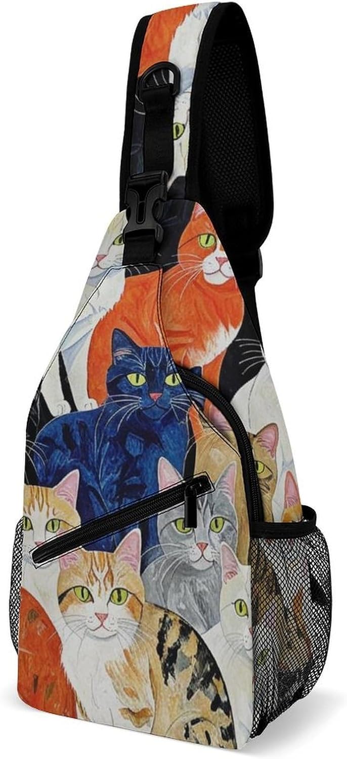 Men Women Sling Backpack Outdoor Sport Daypack Travel Bag, Multipurpose Anti-Theft Carry On Bag, Breathable Chest Sling Shoulder Backpacks Bags, Cats Animal