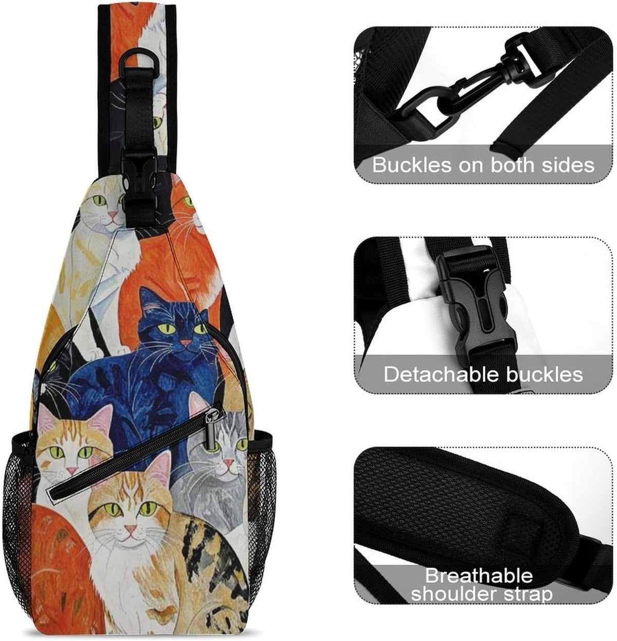 Men Women Sling Backpack Outdoor Sport Daypack Travel Bag, Multipurpose Anti-Theft Carry On Bag, Breathable Chest Sling Shoulder Backpacks Bags, Cats Animal
