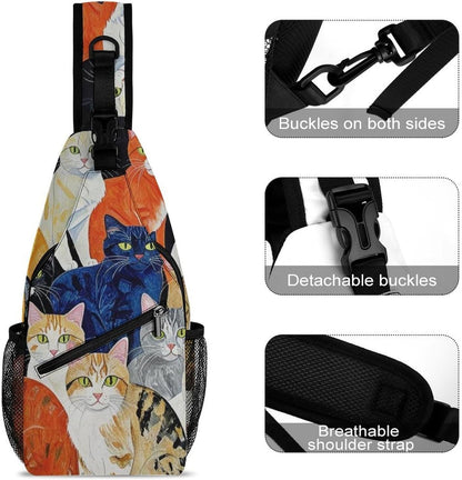 Men Women Sling Backpack Outdoor Sport Daypack Travel Bag, Multipurpose Anti-Theft Carry On Bag, Breathable Chest Sling Shoulder Backpacks Bags, Cats Animal