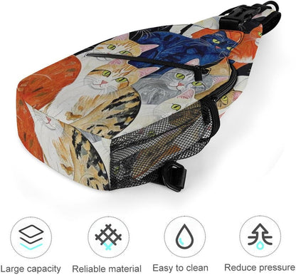 Men Women Sling Backpack Outdoor Sport Daypack Travel Bag, Multipurpose Anti-Theft Carry On Bag, Breathable Chest Sling Shoulder Backpacks Bags, Cats Animal