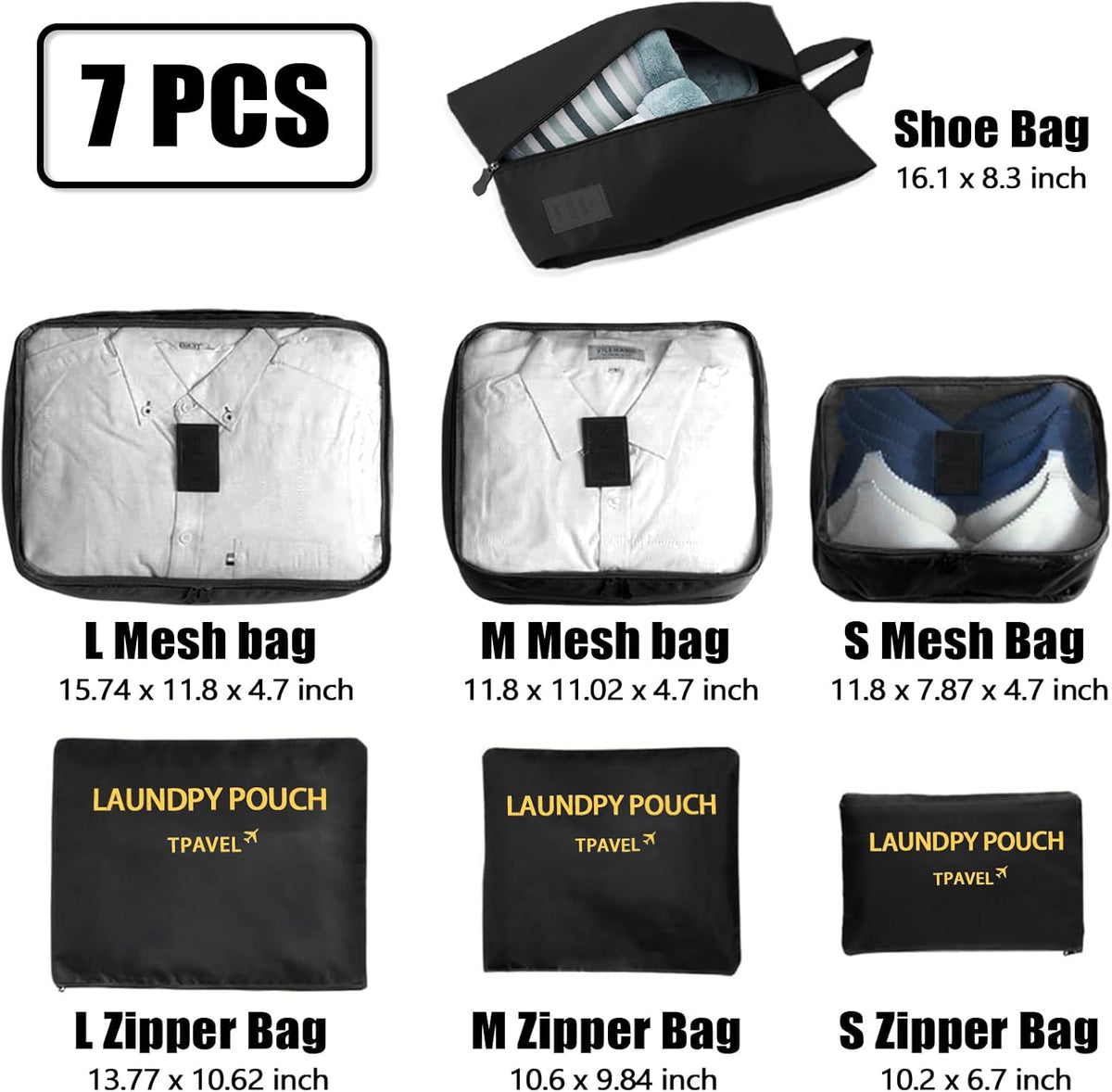 7 Set Packing Cubes for Travel Luggage Packing Bags Reusable Waterproof Suitcase Organizer Bags Set with Shoe Bag and Toiletry Bag (Orange)