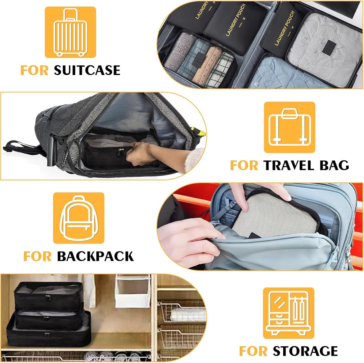 7 Set Packing Cubes for Travel Luggage Packing Bags Reusable Waterproof Suitcase Organizer Bags Set with Shoe Bag and Toiletry Bag (Orange)