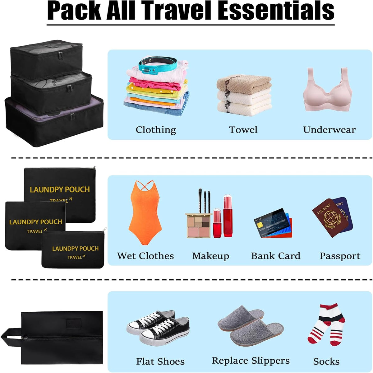 7 Set Packing Cubes for Travel Luggage Packing Bags Reusable Waterproof Suitcase Organizer Bags Set with Shoe Bag and Toiletry Bag (Orange)