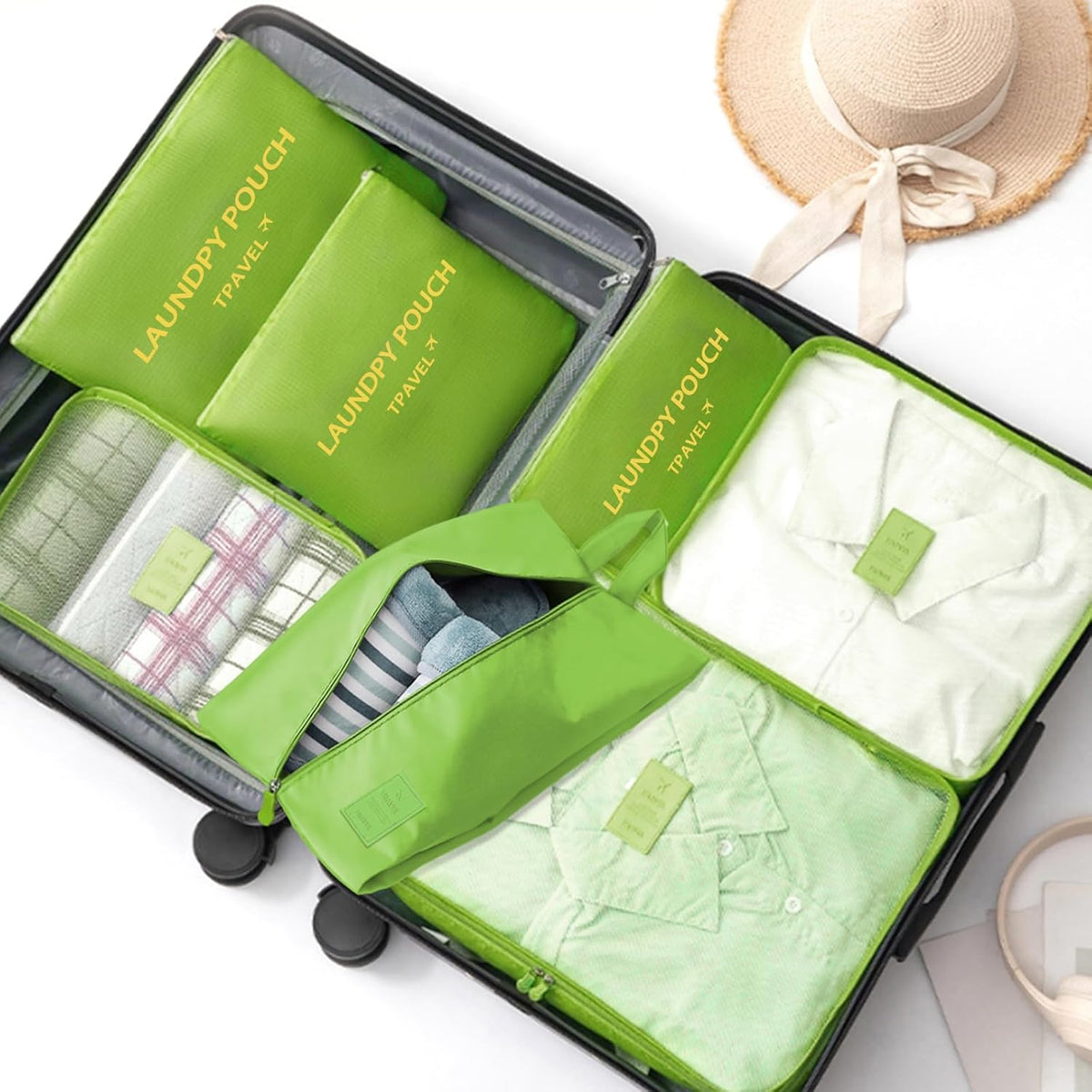 7 Set Packing Cubes for Travel Luggage Packing Bags Reusable Waterproof Suitcase Organizer Bags Set with Shoe Bag and Toiletry Bag (Orange)